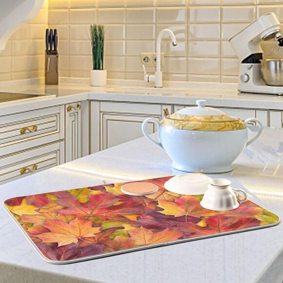 Colorful Autumn Maple Leaves Dish Drying Mat for Kitchen Counter Fall Drying Mat - Picture 2 of 7